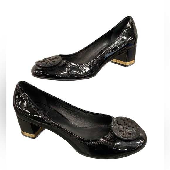 Tory Burch Amy Patent Leather Block Heel Pumps Black Gold Trim Logo Size 8 M - Picture 4 of 16